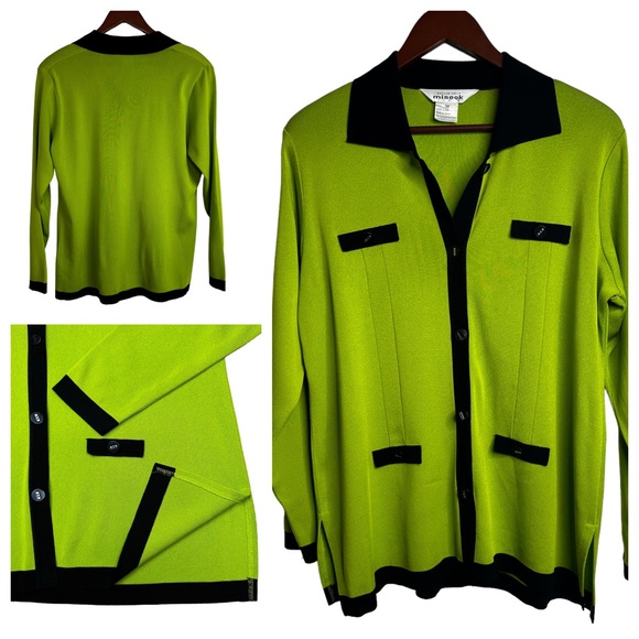 Misook Sweaters - MISOOK Lime Green Button Down Knit Cardigan Black Contrast Trim Size Medium